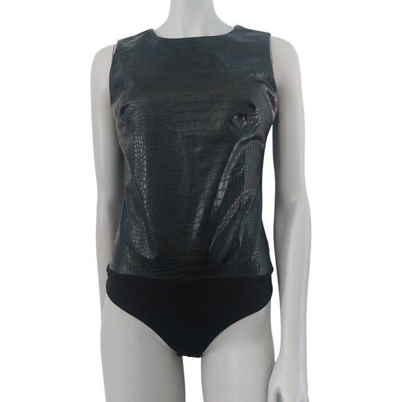 Black Faux Leather Bodysuit M Tank Top Croc Embossed Basic Layer Edgy EXPRESS - Picture 13 of 14